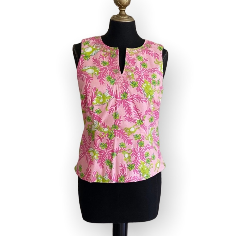 Lilly Pulitzer Top Vintage Monkey Print Sleeveless Blouse Green Pink Size 4